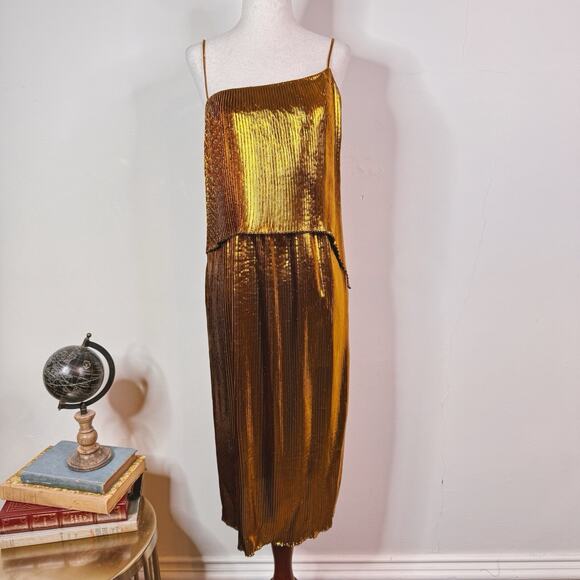Cedric Charlier Gold Metallic Pleated Lamé Midi Dress Asymmetric Size 6 Goddess - Picture 1 of 15